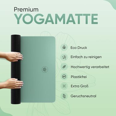 YOGALABS® Преміум йога-мат STUDIO 185x68x0,4 см, екстра великий, антиковзкий, з ременем, ECO PU та натуральний каучук, для гімнастики та пілатесу, екологічний, без шкідливих речовин, Agave
