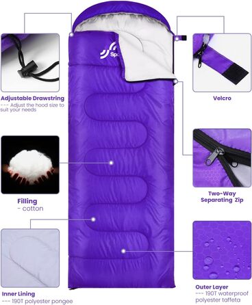 Спальний мішок Sportneer для дорослих та дітей - легкий, компактний, для кемпінгу, походу, рюкзака, 220x75 см, фіолетовий