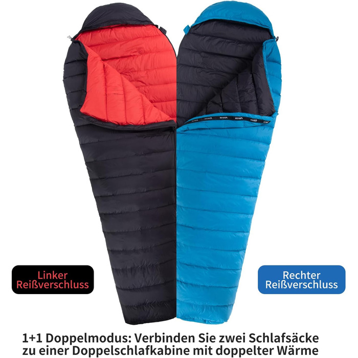 Спальний мішок для дорослих та дітей, зимовий, легкий, Outdoor 8°C ~ -30°C, для кемпінгу та альпінізму, 650 FP гусячий пух, 500г, чорний