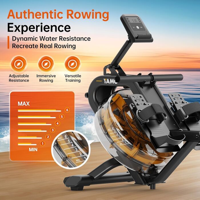 Гребний тренажер YAMO YR40 - жовтий, 16л, 6 рівнів опору, LCD, Bluetooth, Kinomap, 158кг