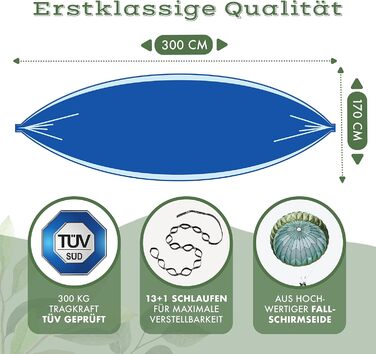 Гамак NATURBUMMLER® Outdoor з захистом дерев [Tree Protec+] – 300x170 см для 1-2 осіб – ультралегкий та стійкий до погодних умов – двошаровий гамак для кемпінгу, саду та відпочинку на природі (Натуральний зелений, Морська блакить)