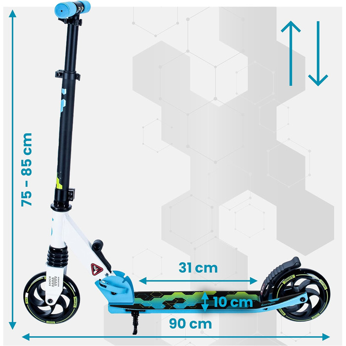 Самокат міський Bergen City Scooter Sonic – алюмінієвий, складаний, колеса PU 145мм, амортизатор, гальмо заднє, регульована висота, для дітей від 5 років, легкий, чорний/білий/синій/зелений