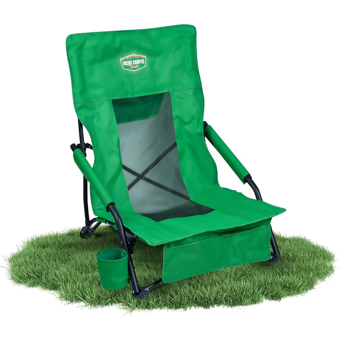 Складний туристичний стілець Fuchs Camper Strandstuhl – зручний для кемпінгу та відпочинку на пляжі, з високою спинкою та сітчастою тканиною, з тримачем для напоїв та кишенею, міцний (до 150 кг), чорний/зелений (1 шт.)