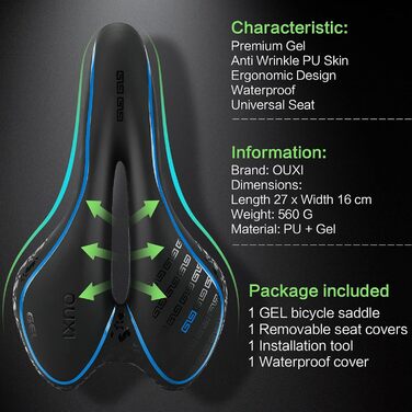 Велосипедне сідло OUXI Gel: комфортне, м'яке, дихаюче, ергономічне, для MTB, шосе, гірського велосипеда, чоловіче та жіноче, блакитне