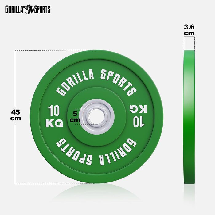 Бамперні диски GORILLA SPORTS 10 кг, гумові, 50 мм, для штанги, гантель, олімпійські, чавунні