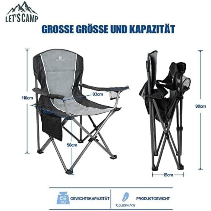Крісло для кемпінгу складне туристичне з підстаканником, 160 кг, чорно-сіре