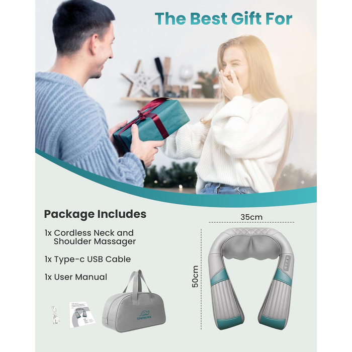 Масажер для шиї та плечей Snailax з підігрівом, акумуляторний Shiatsu 4D, для шиї, плечей, спини, подарунок, сірий та зелений