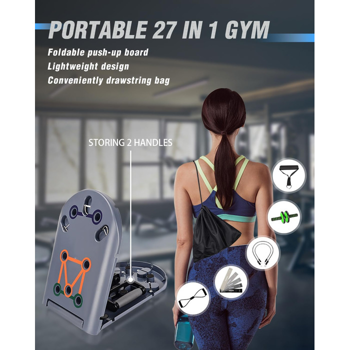 Фітнес-набір 27 в 1 BOOSTEADY: дошка для віджимань, ручки-опори, еспандери, ролик для преса та стійка для пілатесу