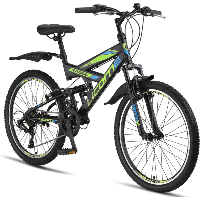 Гірський велосипед Licorne Bike PREMIUM Strong V 24 дюйми, 21 швидкість, повна амортизація, чорний/синій/лайм, для хлопців, дівчат, жінок і чоловіків