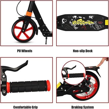 Скутер DREAMADE з алюмінію з колесами 200 мм PU, міський ролер з подвійною підвіскою та ременем, складаний та регульований за висотою для дорослих, підлітків та дітей від 8 років, чорний