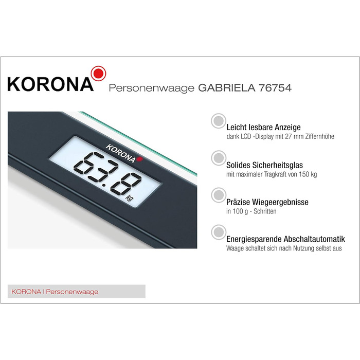 Скляні ваги Korona GABRIELA 150 кг, LCD, автоотключення, батарейки