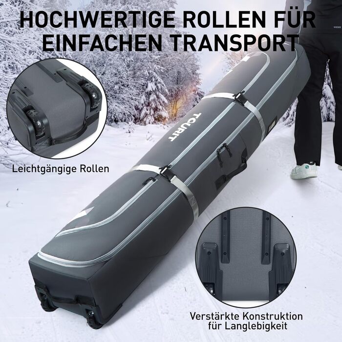 TOURIT Набір для перевезення лиж та черевиків: валіза для лиж на 2 пари (195 см), водонепроникний матеріал 900D Oxford, з колесами, сірий