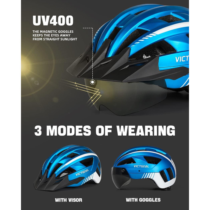 Велосипедний шолом VICTGOAL MTB з магнітним візором, LED підсвіткою, знімним козирком, для дорослих чоловіків і жінок, металево-синій, розмір L (57-61 см)