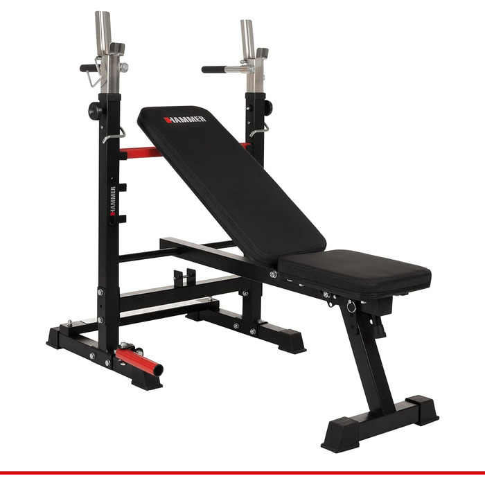 Тренувальна лава Hammer Force 4.0 з раком, складана, з нахилом та плоскою поверхнею, вантажопідйомність 180 кг, ручки для віджимань, стійка для штанги, регульована, для дому, жим лежачи