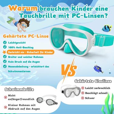 Дитячі окуляри для плавання WAVE Kinder (зелено-білі) з антифог покриттям та маскою для снорклінгу, UV-захист