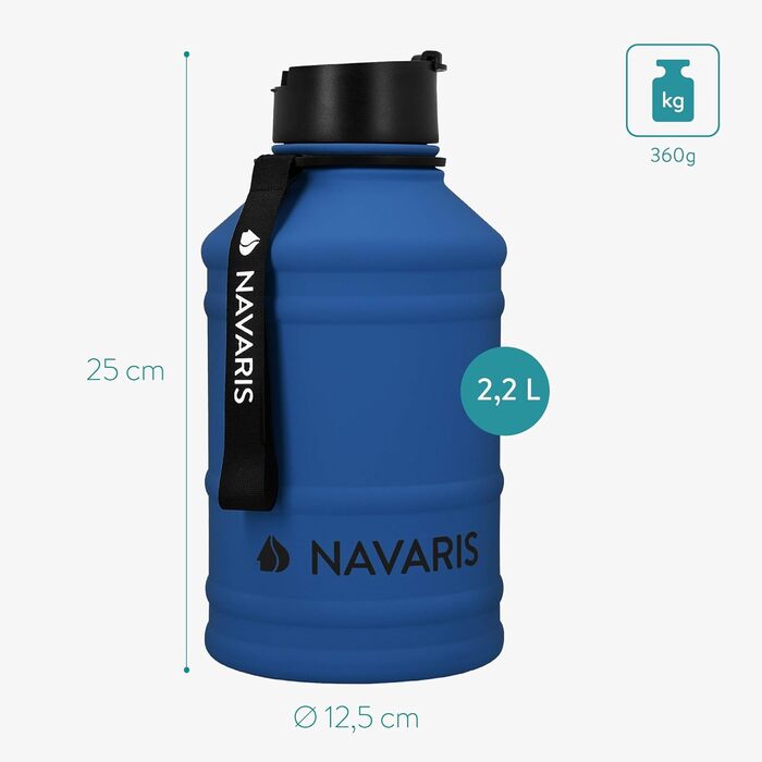 Navaris Фітнес пляшка для води 2,2 л з нержавіючої сталі, спортивна пляшка для тренувань, BPA-free, синя