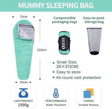 Легкий пуховий спальний мішок Sommer для кемпінгу та трекінгу (16°C), чорний. Підходить для дітей, підлітків та дорослих.