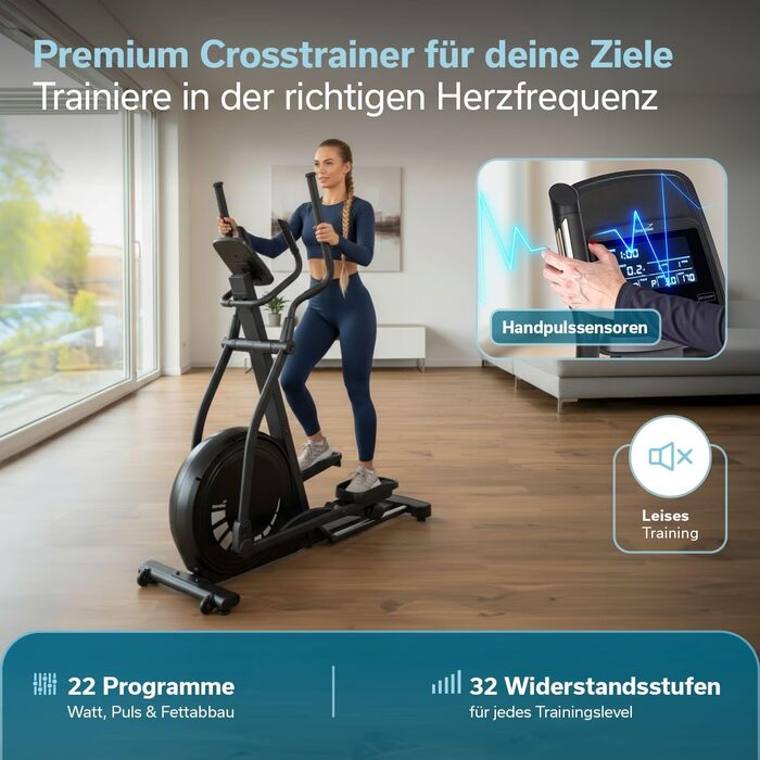 Еліптичний тренажер Skandika Crosstrainer Carbon P23: 23 програми, 16 рівнів, компактний, тихий, сумісний з Kinomap App, до 135 кг