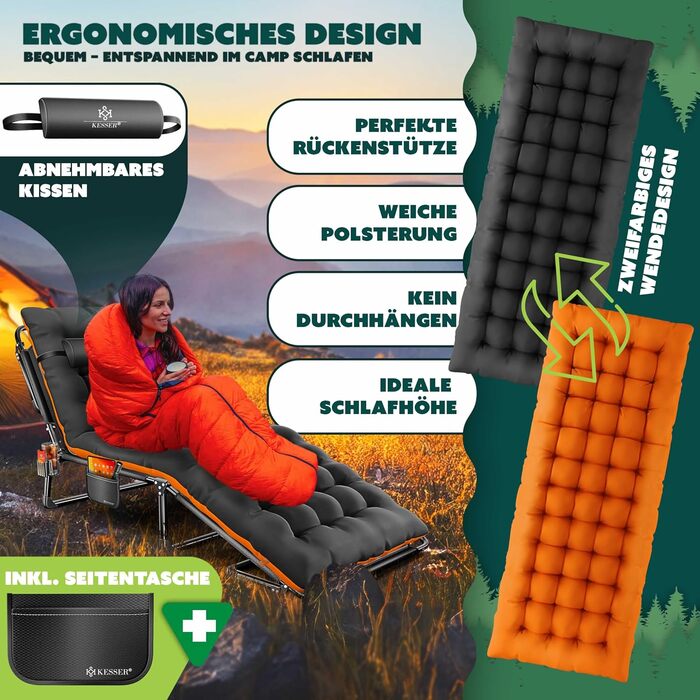 Кемпінгове ліжко KESSER® розкладне, 190x68x30 см, до 250 кг, з Oxford-тканини та сталевим каркасом + сумка, подушка, кишеня та тримач для напоїв, чорний/помаранчевий