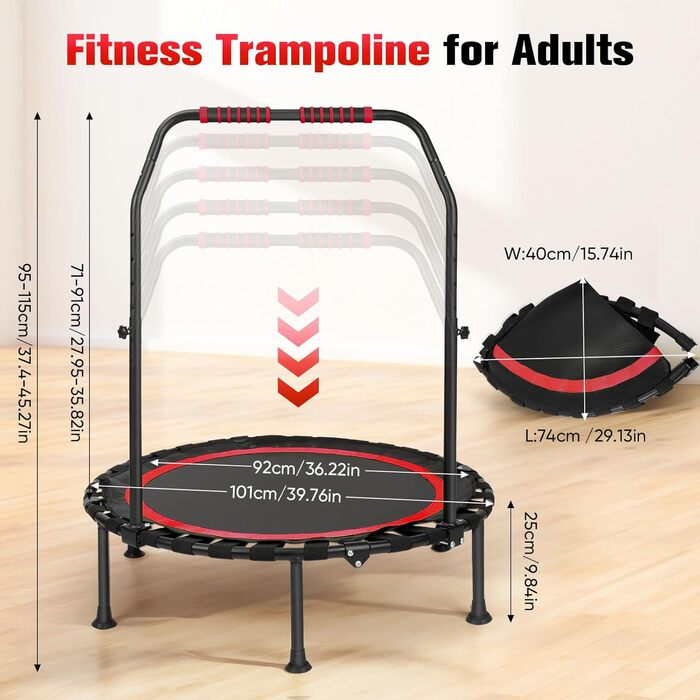 Трамплін для фітнесу в приміщення, складаний, Ø101см, до 150 кг, стабільний та тихий, для дорослих (червоний)