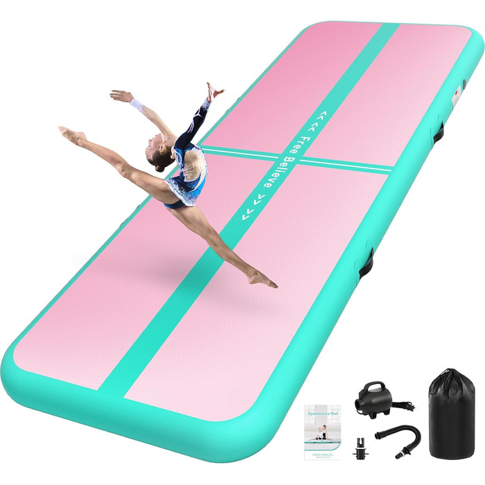 Мата Airtrack Matte для гімнастики, йоги та тренувань: 2/3/4/5/6м, 10/15см товщина, з електричним насосом 600W, для дому, на вулицю, фітнес, гімнастика, зелено-рожевий колір