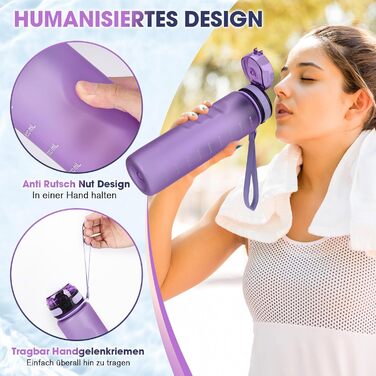 Спортивна пляшка для води 1л, витокостійка, без BPA, з мірною шкалою, смарагдово-зелена (лавандова)