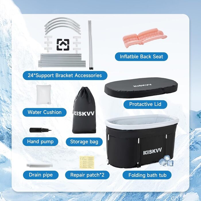 Еліптична ванна для льодяного душу з кришкою, складана ванна KISKVV для дорослих, ізольована ємність для льодяної терапії (115x55x57 см)
