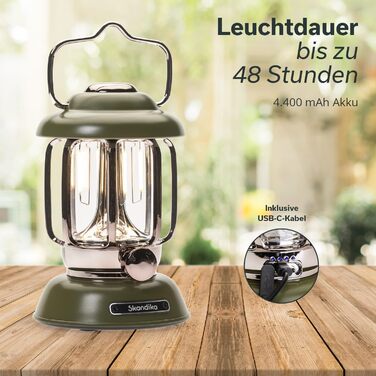 Ліхтар намету Skandika Forsol LED Retro стиль | Акумулятор 4400mAh, регулювання яскравості, для кемпінгу, саду, декору, піших прогулянок, зелений