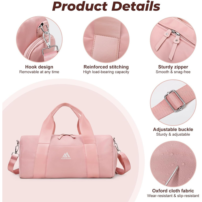 Спортивна сумка Flintronic для дівчаток та жінок, маленька сумка для плавання та фітнесу з відділенням для взуття та вологостійким відсіком (Рожева, 44 x 20 x 20 см)