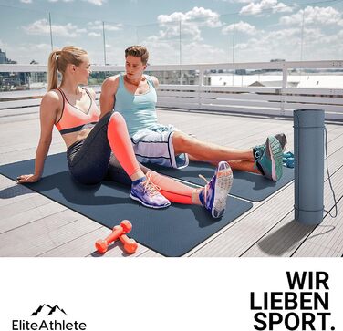 Килимок для йоги EliteAthlete 183x61x0,6 см, не ковзає, з ременем і чохлом, для фітнесу, пілатесу, спортзалу, чорний-синьо-синій
