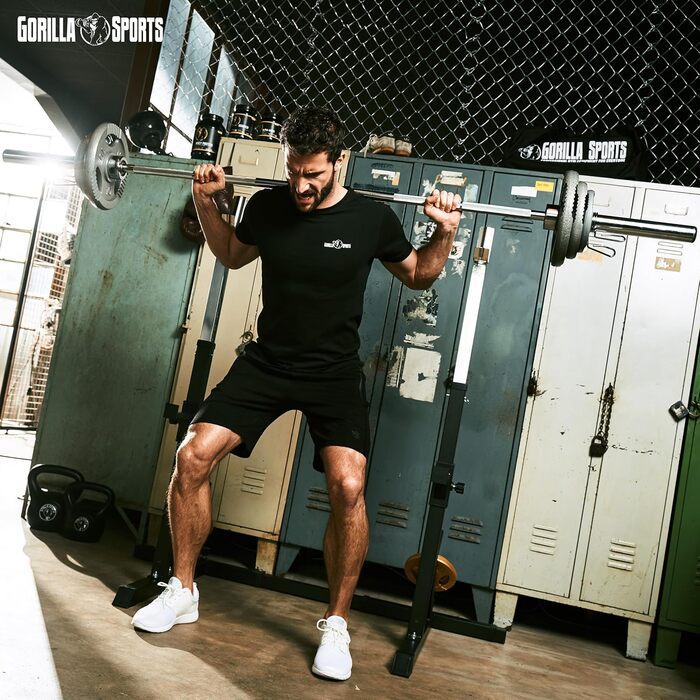 Стойка для присідань GORILLA SPORTS, регульована висота і ширина, з дип-станцією, тримачем для дисків, вантажопідйомність 200-250 кг