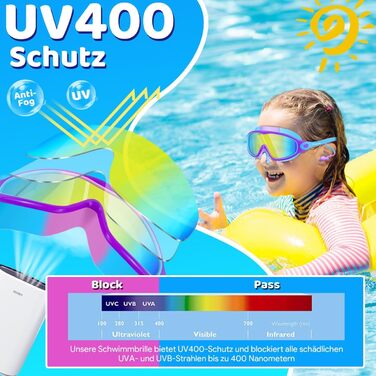 Дитячі окуляри для плавання Vvinca з носовими затискачами, широким кутом огляду, захистом від запотівання та УФ-фільтром, водонепроникні, для дітей 3-14 років (хлопчики та дівчатка)