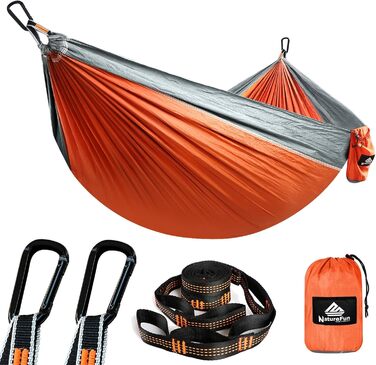 Гамак для кемпінгу NATUREFUN Ultraleicht | 300 кг, 275 x 140 см, дихаючий, швидковисихаючий, для відпочинку вдома, на природі, у саду (помаранчевий/сірий)