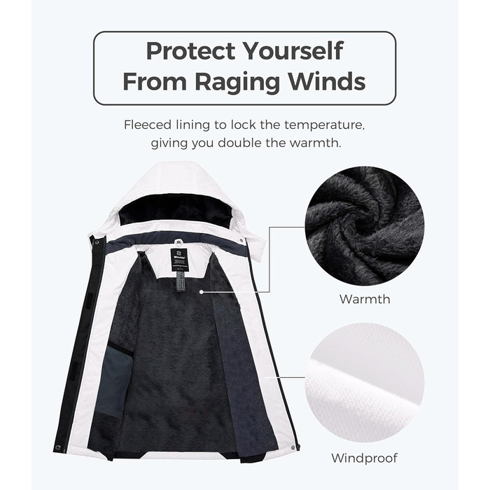 Жіноча гірськолижна куртка Wantdo, тепла флісова куртка, водонепроникна, дихаюча, з капюшоном, вітрозахисна, біла