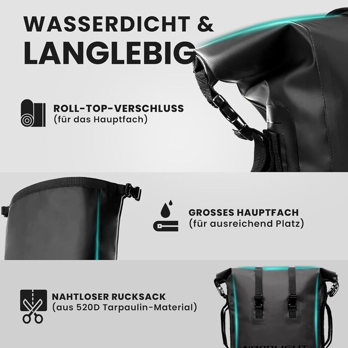 Водонепроникний рюкзак Nordlight Dry Bag 35л - Roll Top, з м'яким плечовим ременем, для водного спорту, велосипеда, кур'єра, трекінгу, риболовлі (Чорний, 35 л)