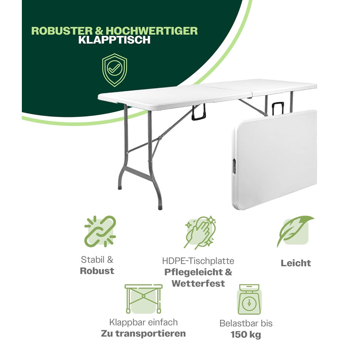Складаний туристичний стіл Blumixx 180x74x74 - Легкий, стійкий, для кемпінгу, саду, балкону, фестивалів та відпочинку на природі.