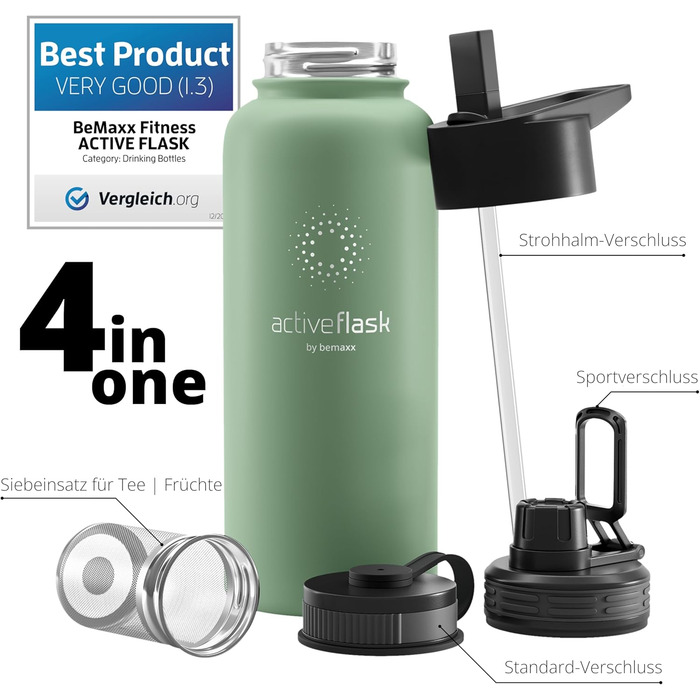 Термос-пляшка з нержавіючої сталі ACTIVE FLASK 950 мл із соломинкою, 3 кришки, без BPA, герметична, для газованих напоїв, для води, спорту, велосипеда, чаю, для дітей, ізоляція, Sage
