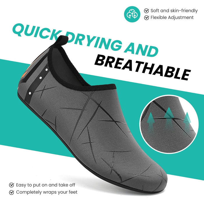 Водні черевики для жінок та чоловіків: легкі, швидковисихаючі, з антиковзким покриттям для плавання, пляжу та серфінгу (44 EU, 857 Темно-сірий)