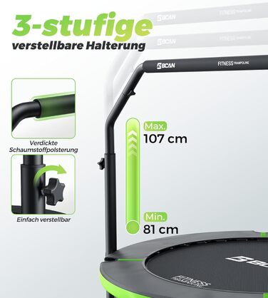 Трамплін для дому BCAN Fitness: діаметр 102/122/130 см, пружинний/з еластичним тросом, для дорослих до 250 кг, з регульованими ручками, тихий та з низькою вібрацією, зелений