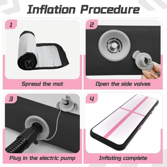 Надувна гімнастична мат для тренувань з насосом, 10.2-15.2 см товщина, для челідингу/йоги/паркуру/пляжу/парку/води (чорний/рожевий, 3м*1м*0.1м)