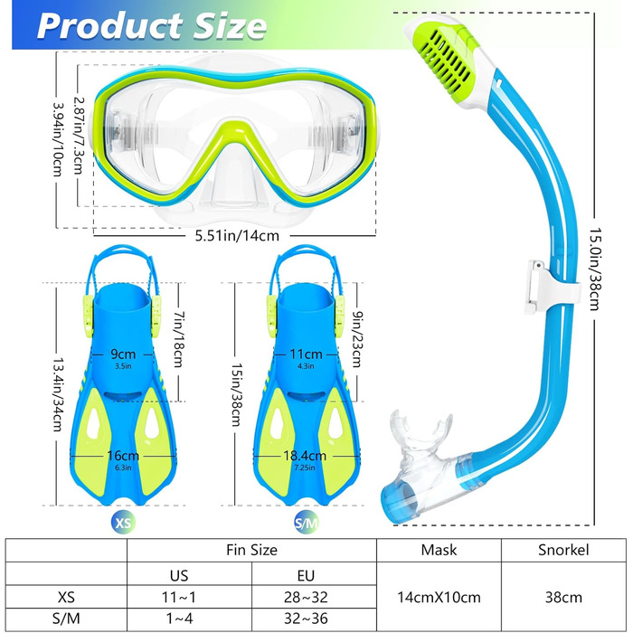 Дитячий набір для снорклінгу GoseWave: маска, трубка, окуляри. Для дітей 5-15 років. Anti-fog (антизапітніння), Dry Top (суха трубка), унісекс, блакитний, S/M(1-4)