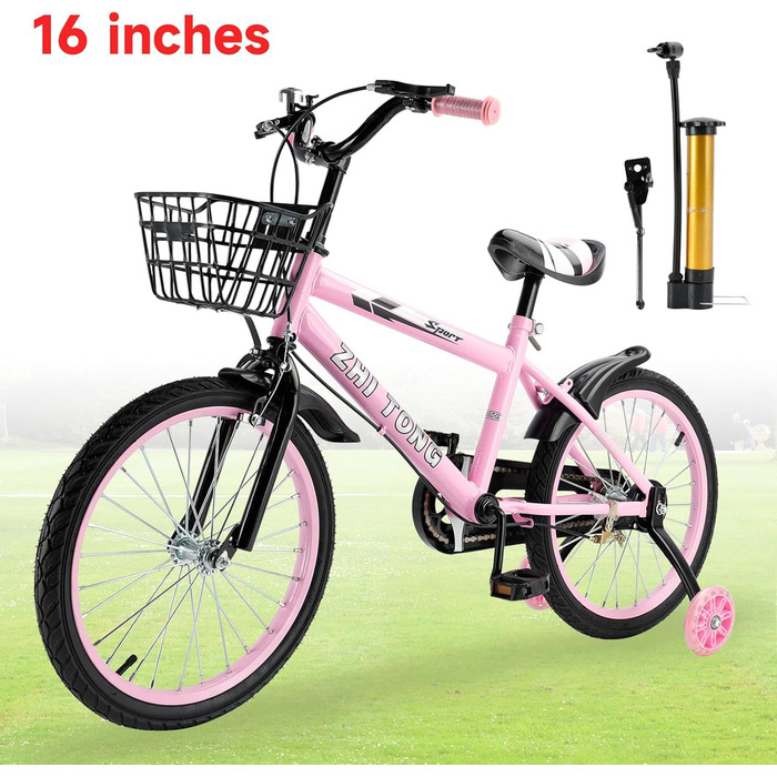 Дитяче велосипед 16 дюймів, регульоване сідло та кермо, рама з вуглецевої сталі, подвійні гальма, ударостійкі колеса, магнітні блискучі колеса, знімні додаткові колеса, для хлопчиків
