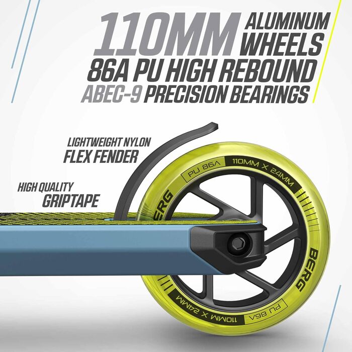 Дитячий трюковий самокат BERG Proxus X1 - для скейтпарку та вулиці | Алюмінієва дека 500 мм, колеса 110 мм, підшипники ABEC 9, IHC компресія, блакитний