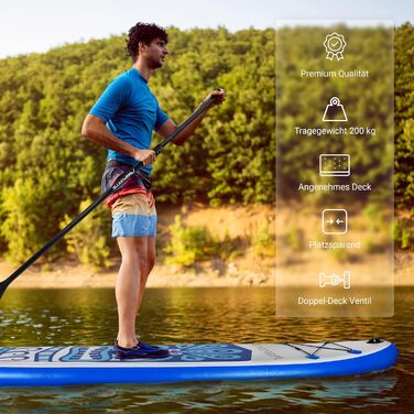 Надувна SUP-дошка MSPORTS з аксесуарами: регульоване весло, помпа, 2 веслових стрижня, водонепроникний чохол для смартфона, багатофункціональна сумка, синя