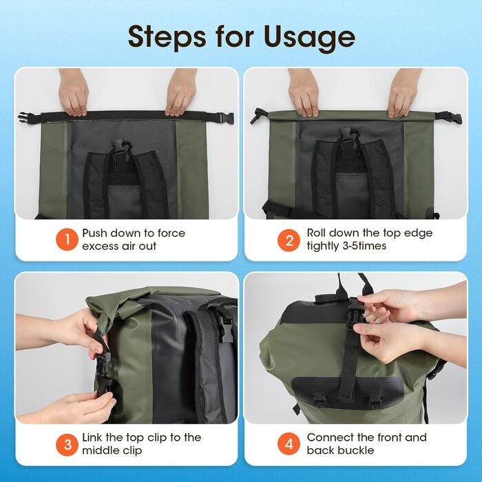 Водонепроникний рюкзак WELDUN 35L/50L Rolltop Dry Bag з IPX8 чохлом для телефону, для каякінгу, кану, кемпінгу, трекінгу, піших прогулянок, вітрильного спорту та інших водних видів спорту. Зелений колір.