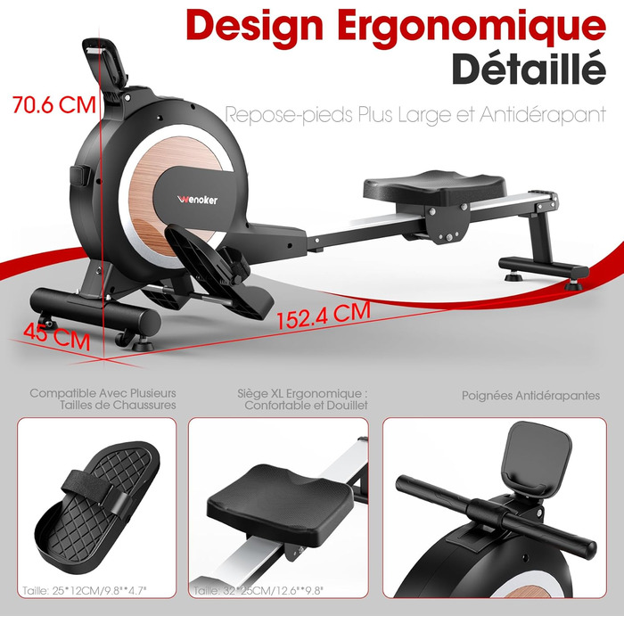 Гребний тренажер Wenoker з магнітним опором, для дому, 32 рівні опору, з додатком, для домашнього спортзалу, кардіотренажер, 160 кг, LCD-монітор (H310C)