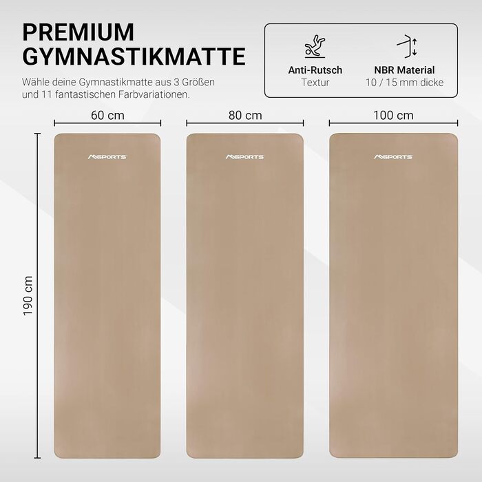 Гімнастичний килимок MSPORTS Premium 190x80x1,5 см, бежево-карамельний, без фталатів, з ременем і постером, фітнес-мат для йоги та тренувань, шкіряний до шкіри