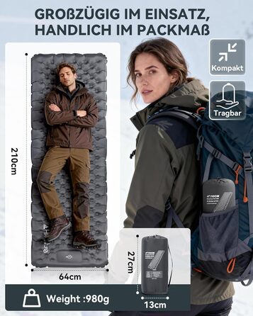 Килимок для кемпінгу HIKENTURE R-Wert 7.3 з ножною помпою, 10 см товщини, 210x64 см, 4 пори року, для туризму та наметів