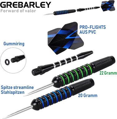 Професійні сталеві дротики Grebarley (12 шт.) з металевим наконечником, алюмінієвими стефтами (18 шт.) та польотами (9 шт.) синьо-зеленого кольору