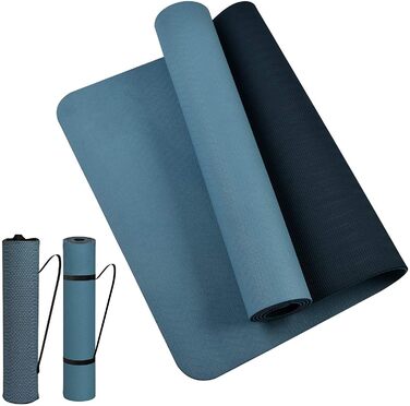 Йогамат (Yogamatte) подвійна 183x61x0.6 см, водонепроникна, для пілатесу, спорту, фітнесу, медитації (синьо-чорний) + сумка